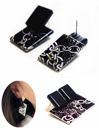 訳あり★アズナヴール(aznavour)四角 セルロースアセテート チェーン柄 スクエアピアス レディースアクセサリー