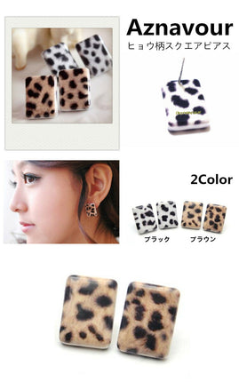アズナヴール(aznavour)アニマル柄 豹柄 四角 ピアス セルロースアセテート ボタンピアス ヒョウ柄スクエアピアス レディースアクセサリー