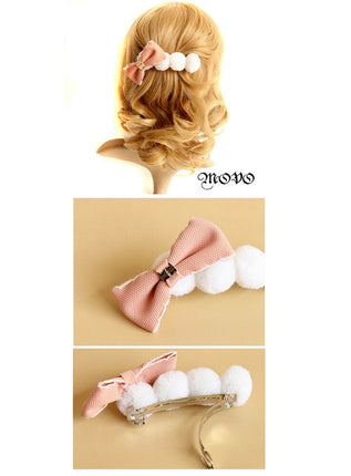 movo リボン ファー ポンポン バレッタ/オリジナル ヘアアクセサリー ヘアピン/オシャレ/結婚式/パーティー