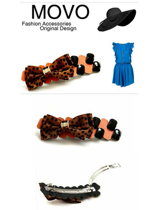 movo アニマル ヒョウ柄 リボン 皮革風 ストーン バレッタ/ヘアアクセサリー ヘアピン/オシャレ/結婚式/パーティー