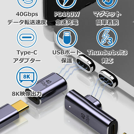 858shop USB4.0 Type-C マグネット 変換アダプター PD充電 100W 40Gbps 転送 8K 映像出力 L字 タイプC Thunderbolt3 対応 データ転送 変換コネクタ USB C 端子 アダプタ 急速充電 USB-C PD スマホ タブレット MacBook パソコン ノートPC