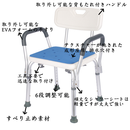 シャワーチェア 介護 入浴介護 立ち上がり補助 介護用品 風呂椅子 ハイタイプ バスチェア 手すり 肘掛け 背もたれ 背なし 高齢者 風呂イス 風呂チェア コンパクト 入浴補助 滑り止め 排水穴付き 入浴用 妊婦さん お年寄り シャワースツール 高さ調節可能 浴室 椅子