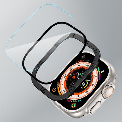 apple watch ultra カバー アップルウォッチ ウルトラ カバーapple watch ultra ガラスフィルム 49 mmアルミ枠 保護カバー 強化ガラス スムーズ 耐指紋 高透過率 貼り付けやすい 気泡防ぐ 液晶全面保護