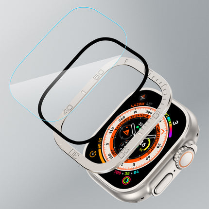 apple watch ultra カバー アップルウォッチ ウルトラ カバーapple watch ultra ガラスフィルム 49 mmアルミ枠 保護カバー 強化ガラス スムーズ 耐指紋 高透過率 貼り付けやすい 気泡防ぐ 液晶全面保護