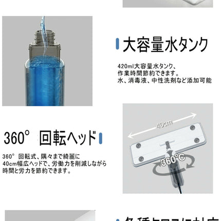 WYL-109 スプレーモップ 交換布巾2枚付き 乾湿両用 床掃除用 360°回転式 腰曲げず 片手操作可能 床を保護 420ML大容量ボトル 水拭きモップ 壁掛け 床掃除モップ  使い捨てのシートOK