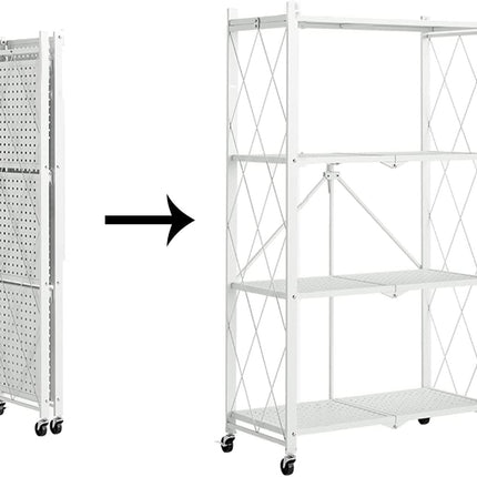 スチールラック 4段 0.3mm厚 鉄製 スチール製 メタルラック シェルフ 棚 折りたたみ式 折り畳み式 オープンラック キャスター付き 植物棚 フラワースタンド 園芸ラック ガーデンラック 組立簡単 キッチンラック ランドリー ベランダラック 収納 可愛い インテリア おしゃれ
