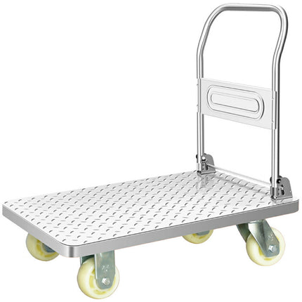 スチール製台車 耐荷重約500kg 積載面約90×60cm ナイロンキャスター 折りたたみ式ハンドル 平台車 大型台車 重量台車 手押し台車 運搬台車 荷台台車 業務用 収納が簡単 多機能輸送 植木鉢用移動台車 食品 冷蔵倉庫 クリーンルーム (シルバー, Large)