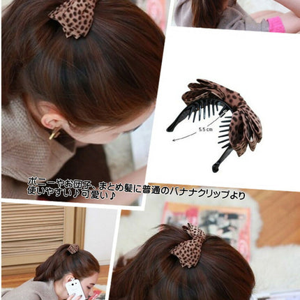 リボン　バナナクリップ　丸型　アニマル　ヒョウ柄　バレッタ　ヘアアクセサリー