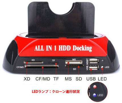 オールインワン　Clone クローンHDDスタンド　IDEデュアルハードディスクドッキングステーション SD/microSD/CF/XD/MSカードリーダー USB x 2付き