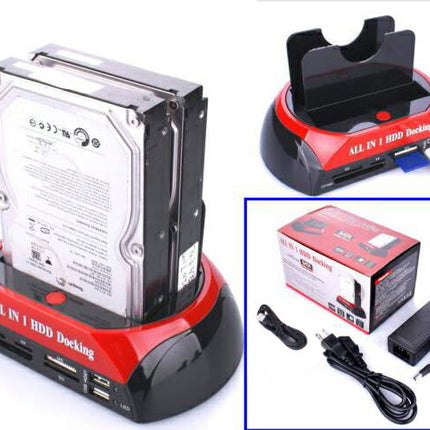 オールインワン　Clone クローンHDDスタンド　IDEデュアルハードディスクドッキングステーション SD/microSD/CF/XD/MSカードリーダー USB x 2付き