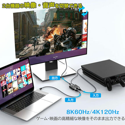 【4K120Hz・8K60Hz グレードアップ版】 HDMI切替器 hdmi セレクター 切替 分配器 1入力2出力 / 2入力1出力 手動切替 電源不要 HDCP2.3 PS5/PS4/PS3/Nintendo Switch/Xbox/DVDプレーヤーなど対応 HDMI 分配器
