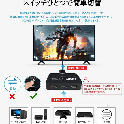 HDMI切替器 HDMIセレクター 3入力1出力 [ 4K 60Hz ] HDMI スイッチャー 分配器 テレビ PC PS4 PS5 XBOX HDMI 切り替え スイッチ 三股 3ポート HDMIハブ アダプタ メス オス スマホ Nintendo switch モニター
