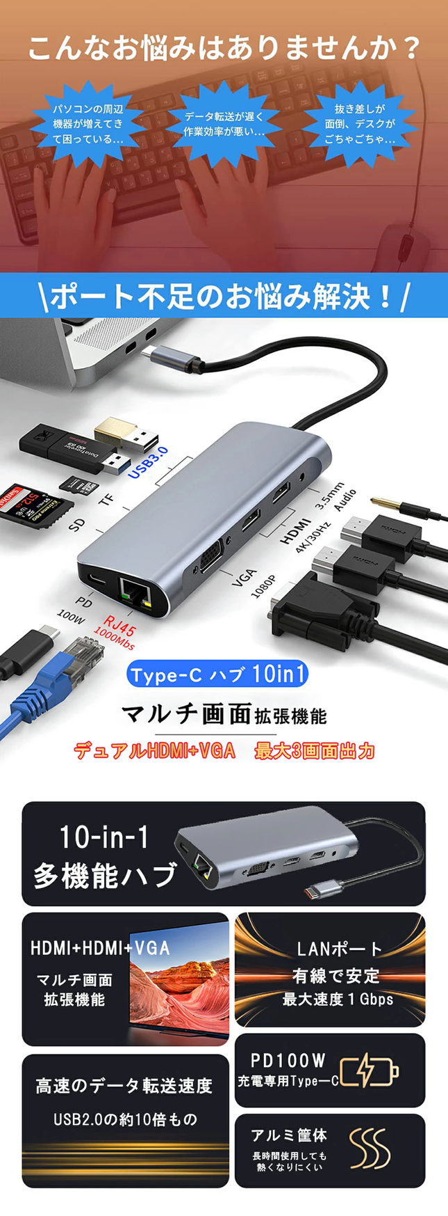 USB ハブ 10in1 デュアルHDMI VGA イーサネット 3.5mm ハブ 4K対応 USB3.0 PD対応 SDカードリーダー microSD 100W 変換 アダプタ タイプC ノートパソコン ノートPC Chromebook surface PC iPad mini6 Air5/4 Pro Android Mac