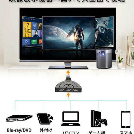 HDMI切替器 HDMIセレクター 3入力1出力 HDMI スイッチャー 分配器 4K テレビ PC ps4Pro HDMI 切り替え スイッチ 三股 3ポート HDMIハブ アダプタ メス オス スマホ モニター 映像 ケーブル同時出力不可 「Ps4非対応」