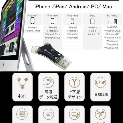 iphone バックアップ スマホ データ移行 SDカードリーダー  SDカードリーダー microSD TypeC Lightning iPad PC Mac カメラリーダー メモリー 高速 音楽 4in1カードリーダー usbタイプc USB メモリ