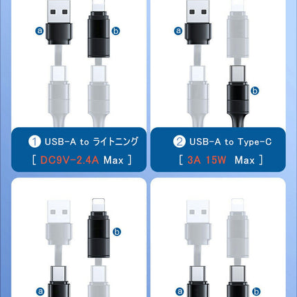 iPhone 充電ケーブル & usb-c ケーブル マルチ「 1本4役 」 typec to lightning 変換 ケーブル 1.2m usb-c & usb-c ケーブル 60W対応 4ini1 マルチ 充電 iphoneケーブル 急速充電