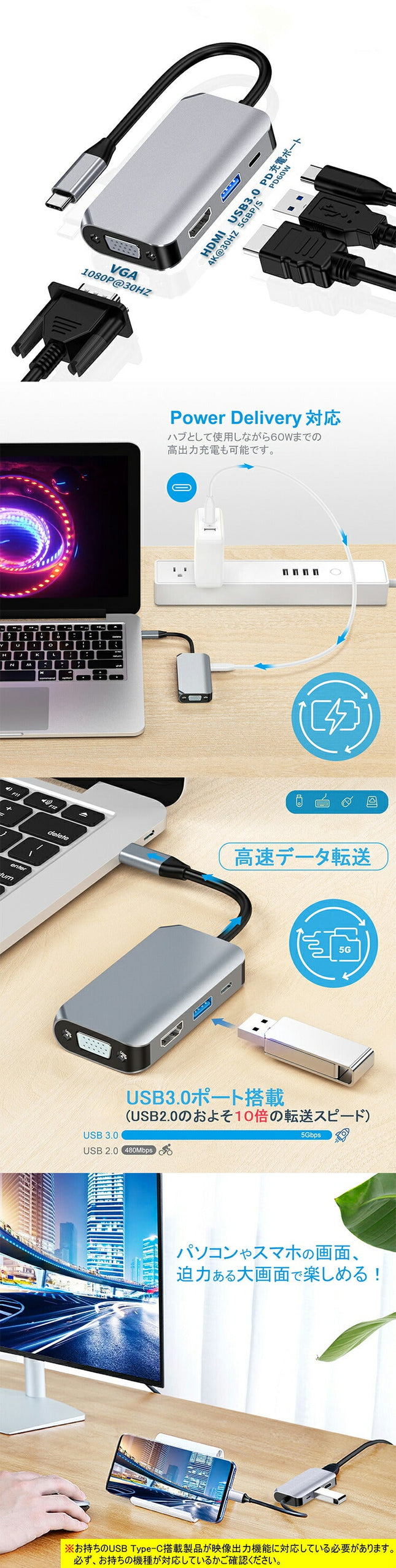 USB Type-C HDMI VGA 変換アダプター ハブ 4in1 USB3.0 PD 60W 急速充電 高速データ スマホ テレビ ミラーリング モニター出力 hdmi ハブ 分配 分岐 二股 タイプC ノートパソコン iPad Android Mac usb-c