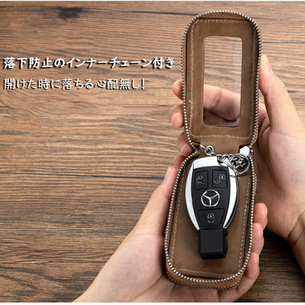 スマートキーケース 2個  窓付き キーケース メンズ レディース 本革 スマートキー クリア窓 ダブルジッパー ダブルポケット カラビナ付き スズキ ダイハツ スバル トヨタ 日産 ホンダ