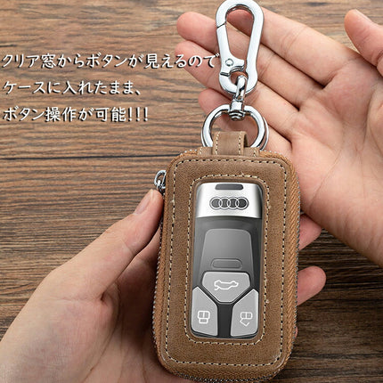 スマートキーケース 2個  窓付き キーケース メンズ レディース 本革 スマートキー クリア窓 ダブルジッパー ダブルポケット カラビナ付き スズキ ダイハツ スバル トヨタ 日産 ホンダ