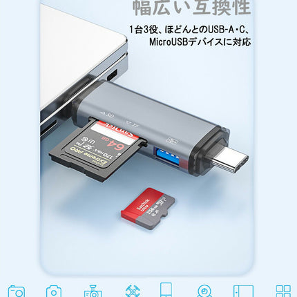 SDカードリーダー スマホ バックアップ 3in1 Type-c USB Micro USB マルチカードリーダー SD TF 読取 カメラリーダー OTG対応 タブレット PC Mac カメラリーダー メモリー 高速 音楽 3in1カードリーダー usbタイプC USBメモリ 同時読取非対応
