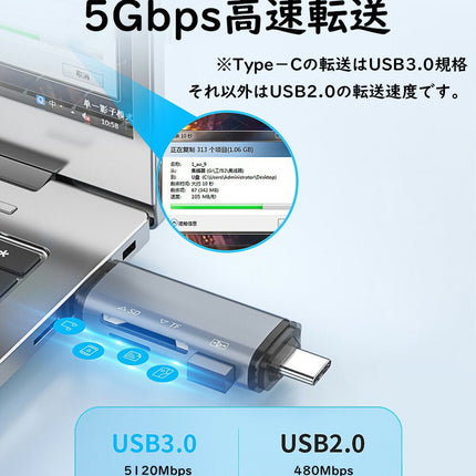 SDカードリーダー スマホ バックアップ 3in1 Type-c USB Micro USB マルチカードリーダー SD TF 読取 カメラリーダー OTG対応 タブレット PC Mac カメラリーダー メモリー 高速 音楽 3in1カードリーダー usbタイプC USBメモリ 同時読取非対応