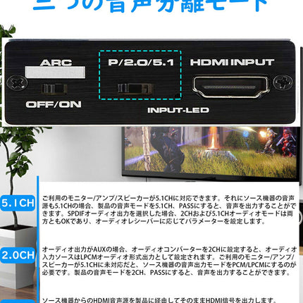 HDMI 音声分離器 光デジタル オーディオ セパレータ 4K*2K(60Hz) / 1080(120Hz) HDR対応 HDCP2.2 音声分離器 HDMI 2.0規格 HDMI + SPDIF + 3.5mm (L/R)ステレオ 出力 アナログ出力 オーディオ分離機 PS5 PS4 XBOX Nintendo Switch Blu-ray DVD 対応