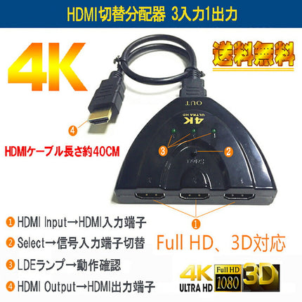 3 TO 1 4K△3入力1出力HDMI分配器 HDMIケーブル付き HDCP、FHD、2K、4K対応 HDMI切替分配器 切替機3回路切替器 3ポート 3入力 1出力 HDMI分配器 電源不要 AVセレクター HDMIセレクター ブルーレイ HDDレコーダー ゲーム PS4 Xbox テレビ