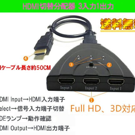 3 TO 1 FHD△1080P 3入力1出力HDMI分配器 HDMIケーブル付き HDCP、FHD対応 HDMI切替分配器 切替機3回路切替器 3ポート 3入力 1出力 HDMI分配器 電源不要 AVセレクター HDMIセレクター ブルーレイ HDDレコーダー ゲーム PS4 Xbox テレビ
