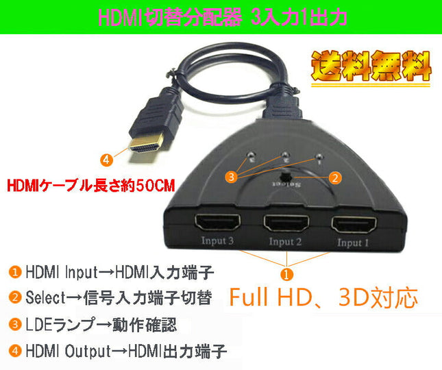 3 TO 1 FHD△1080P 3入力1出力HDMI分配器 HDMIケーブル付き HDCP、FHD対応 HDMI切替分配器 切替機3回路切替器 3ポート 3入力 1出力 HDMI分配器 電源不要 AVセレクター HDMIセレクター ブルーレイ HDDレコーダー ゲーム PS4 Xbox テレビ