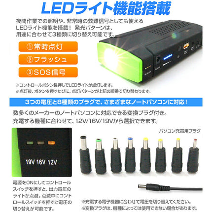 PSE認証 13600mAh 黒 ジャンプスターター カーバッテリー 上がり緊急対応 バッテリーレスキュー 多機能 バッテリー パソコン/スマホ/iPhone/iPadの緊急充電 LEDライトとSOS緊急発信機能付き(3段階調節)