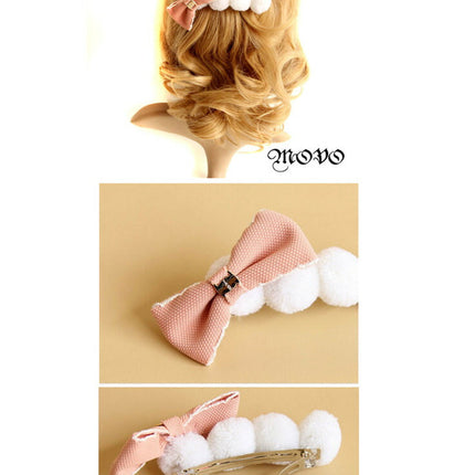movo 　リボン　ファー　ポンポン　バレッタ／オリジナル　ヘアアクセサリー　ヘアピン/オシャレ/結婚式/パーティー　