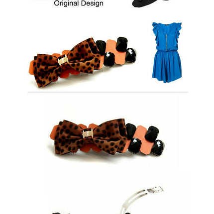 movo アニマル　ヒョウ柄 リボン 皮革風　ストーン　バレッタ／ヘアアクセサリー　ヘアピン/オシャレ/結婚式/パーティー　