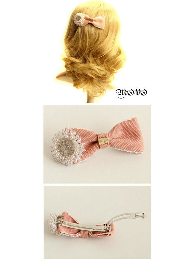 movo リボン　パール フラワー バレッタ／ヘアアクセサリー　ヘアピン/オシャレ/結婚式/パーティー　