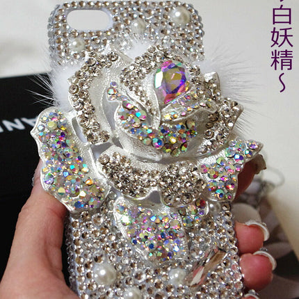 激安★最高級クリスタル　ファー付き　フラワー　薔薇　iphone5s iphone5デコ電 アイフォン　デコデン　カスタムジャケット
