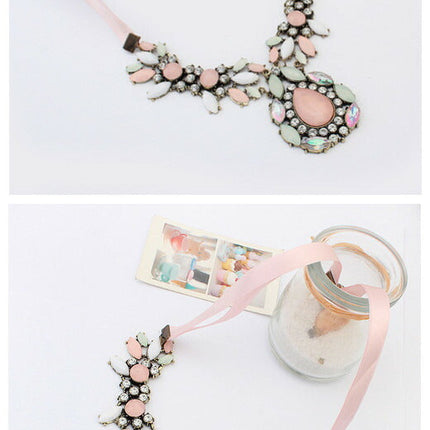 セール　付け襟　アンティークゴールド 　ピンク　カラストーン　ネックレス　つけえり　　チョーカー　結婚式 パーティーネックレス