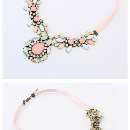 セール　付け襟　アンティークゴールド 　ピンク　カラストーン　ネックレス　つけえり　　チョーカー　結婚式 パーティーネックレス